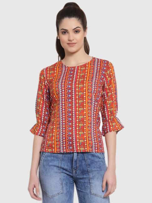 style quotient women orange and multi ethnic printed polyester smart casual top