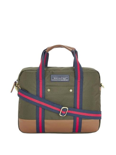 tommy hilfiger franklin professional plus olive & brown polyester medium laptop messenger bag