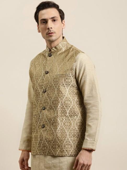 sojanya beige comfort fit jacquard nehru jacket