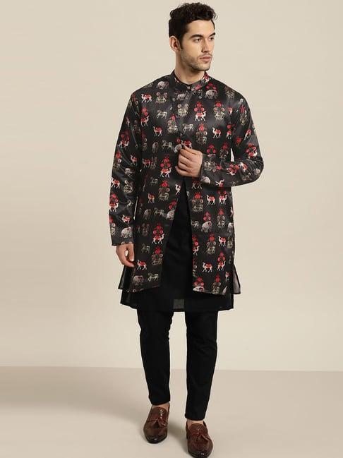 sojanya black comfort fit printed sherwani jacket