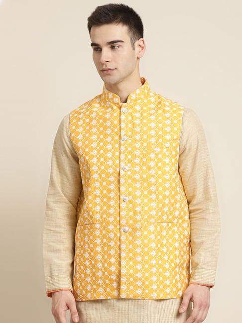 sojanya yellow comfort fit embroidered nehru jacket