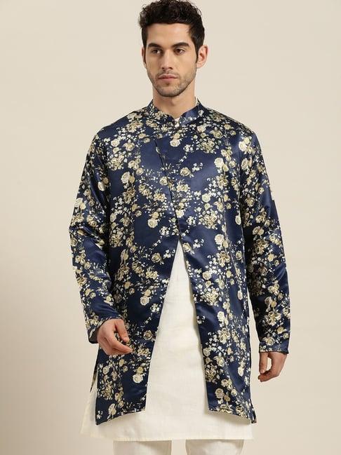 sojanya navy comfort fit floral print sherwani jacket