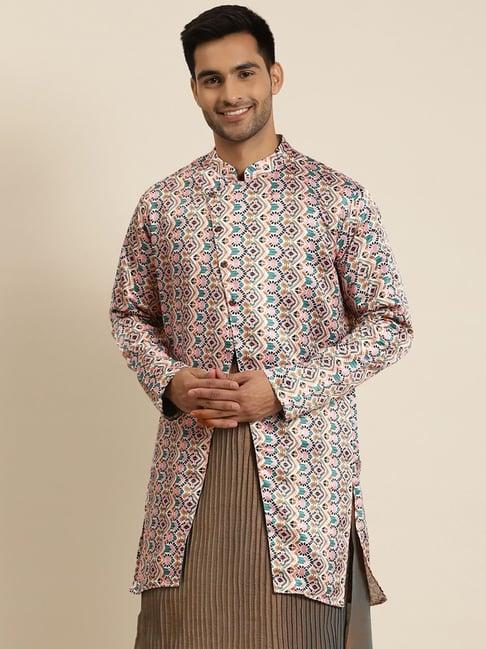 sojanya peach comfort fit floral print sherwani jacket