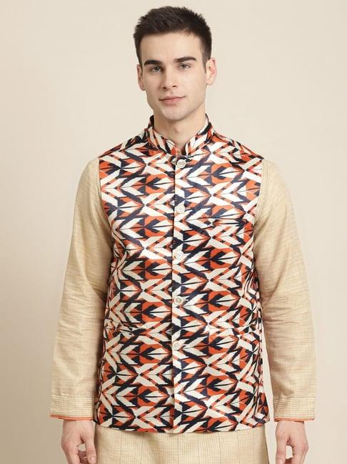 sojanya orange & white comfort fit printed nehru jacket