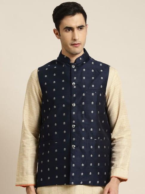 sojanya navy comfort fit embroidered nehru jacket