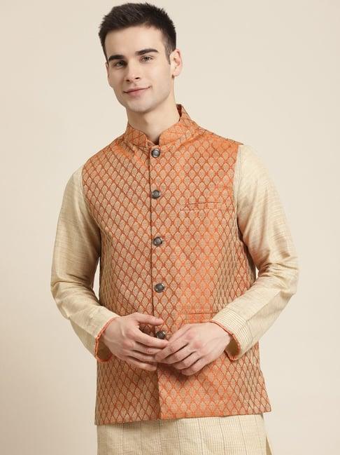 sojanya orange comfort fit printed nehru jacket