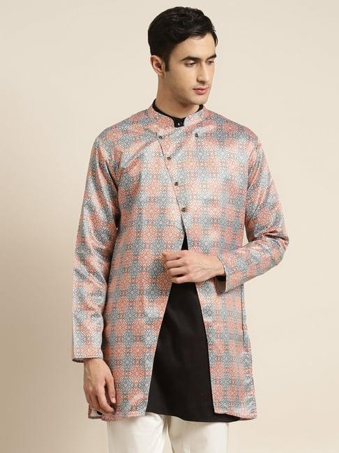 sojanya grey & peach comfort fit printed sherwani jacket