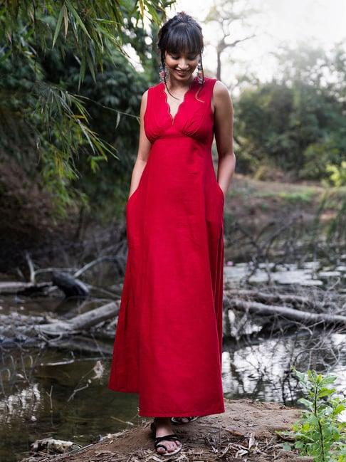 okhai red pure cotton maxi dress