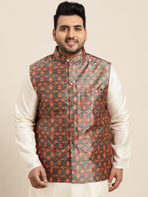 sojanya green & orange comfort fit printed nehru jacket