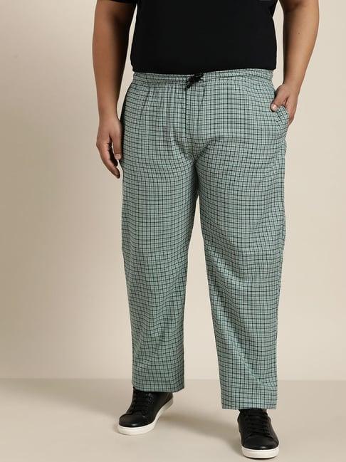 sojanya green & white cotton regular slim fit checks trackpants