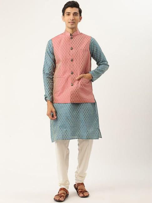 sojanya blue regular fit self pattern kurta set with jacket