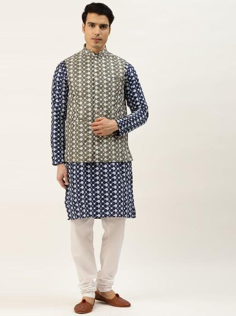 sojanya navy regular fit embroidered kurta set with jacket