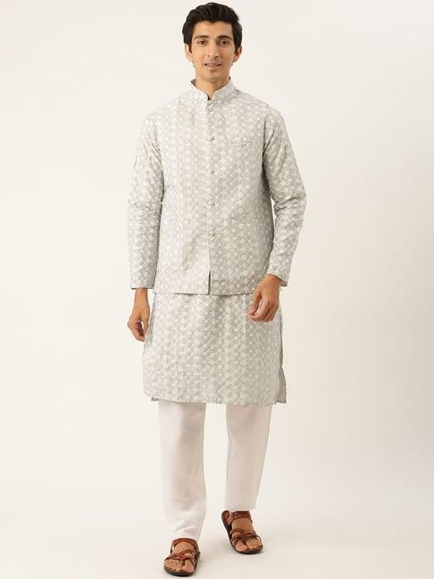 sojanya grey regular fit embroidered kurta set with jacket