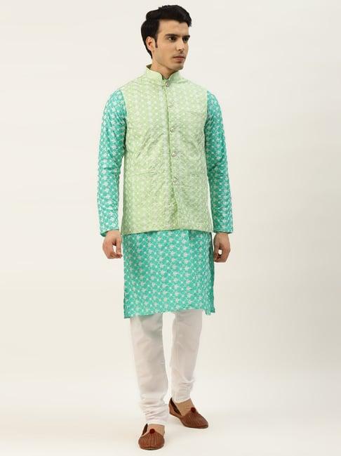 sojanya green regular fit embroidered kurta set with jacket