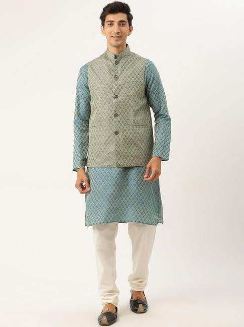 sojanya blue regular fit self pattern kurta set with jacket