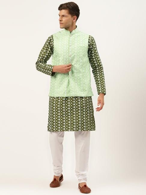 sojanya green regular fit embroidered kurta set with jacket