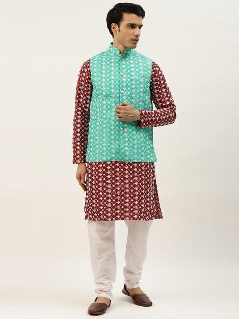 sojanya maroon regular fit embroidered kurta set with jacket