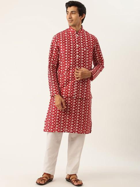 sojanya maroon regular fit embroidered kurta set with jacket