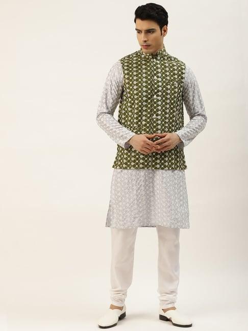 sojanya grey regular fit embroidered kurta set with jacket