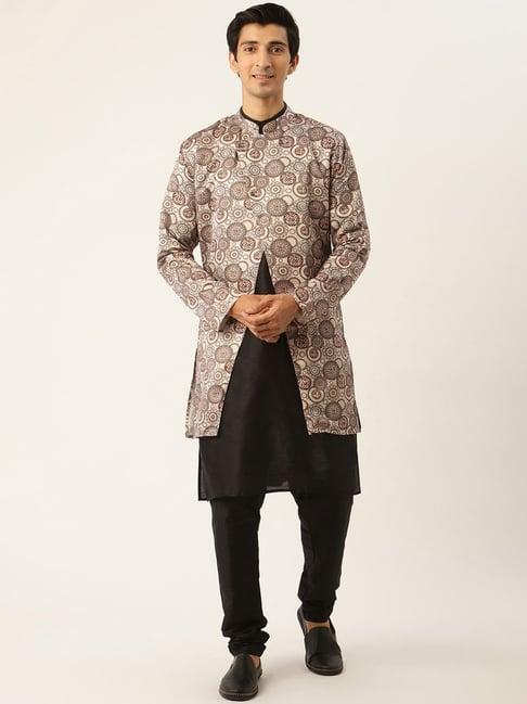 sojanya black & beige regular fit printed kurta set with jacket