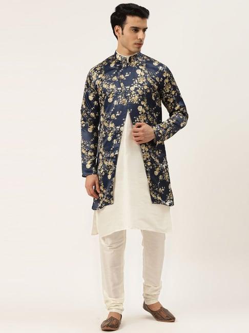 sojanya off white & navy blue regular fit printed kurta set with jacket