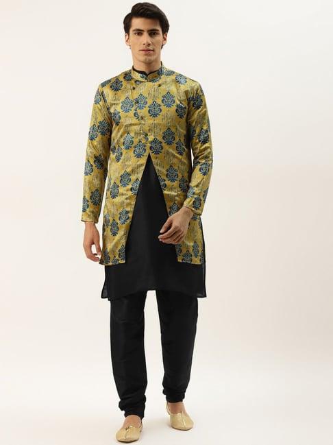 sojanya black regular fit printed kurta set with jacket