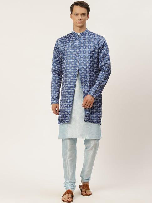 sojanya blue regular fit printed kurta set with jacket