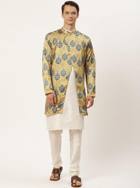 sojanya cream regular fit printed kurta set with jacket