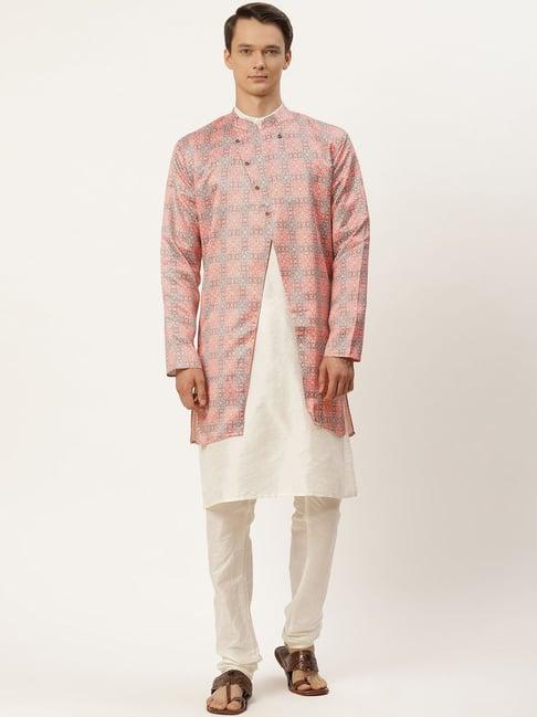 sojanya cream regular fit printed kurta set with jacket