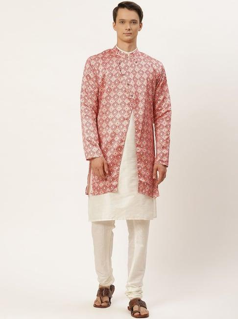 sojanya cream regular fit printed kurta set with jacket