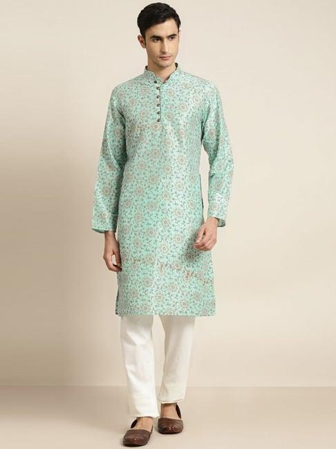 sojanya green silk regular fit print kurta