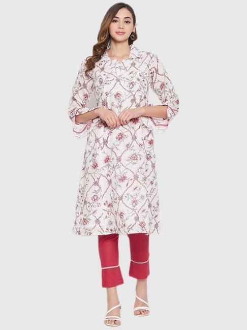 the kaftan company white and pink floral print kurta set