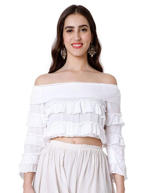 salwar studio white off shoulder crop top