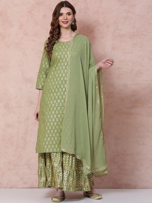 rangriti green cotton printed kurta sharara set with dupatta