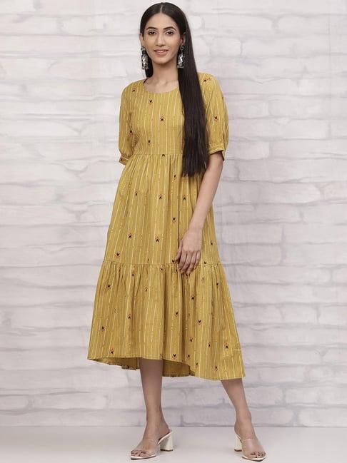 rangriti yellow cotton printed a-line dress