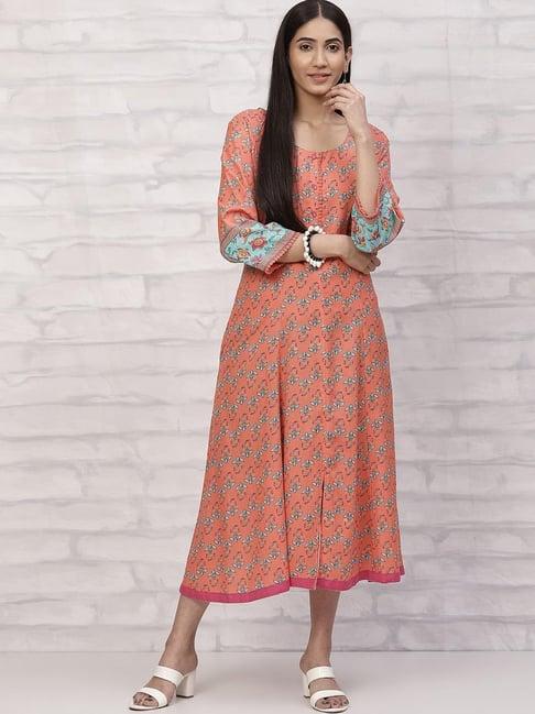 rangriti orange printed a-line dress