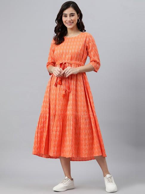 janasya orange cotton striped a-line dress