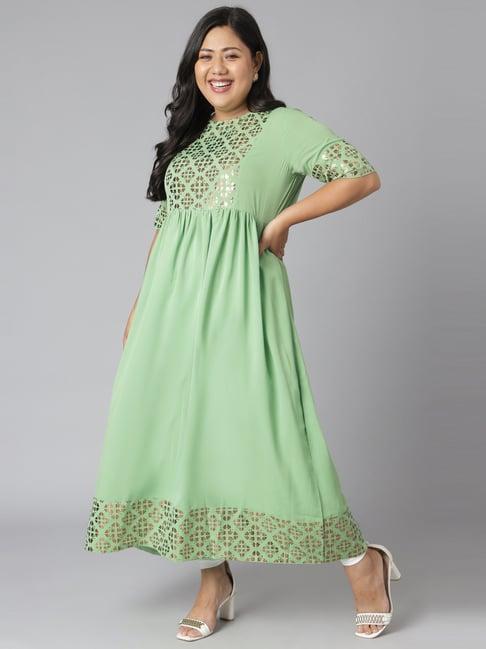 janasya green & gold printed flared kurta