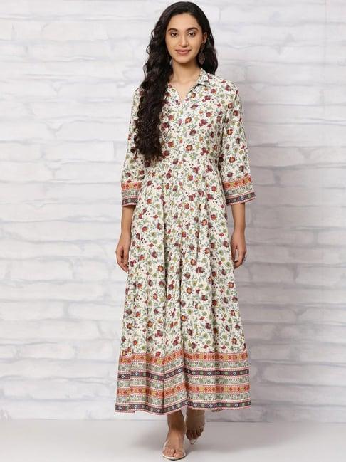 rangriti beige printed a-line dress