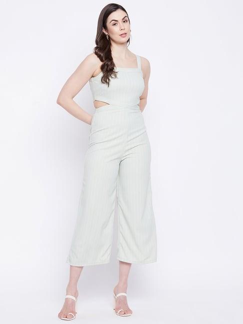 madame sage green striped below knee jumpsuit (romantic blooms)