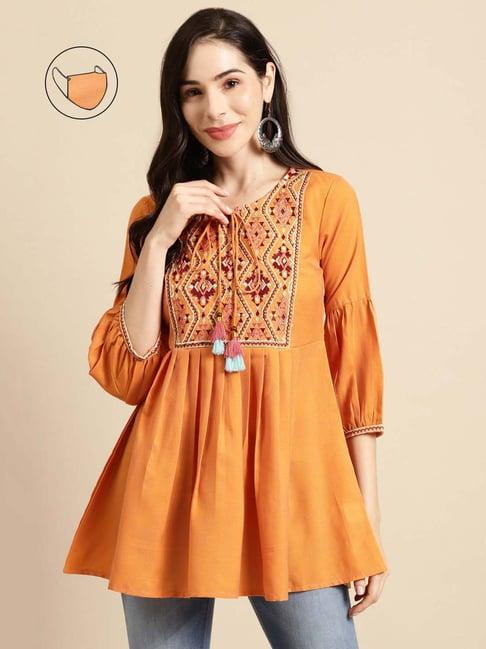 rangmayee orange embroidered tunic with mask