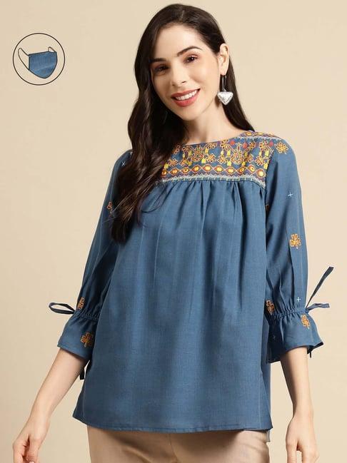 rangmayee blue embroidered tunic with mask