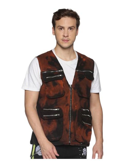 kultprit black & orange slim fit tie - dye jacket