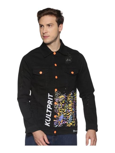 kultprit black slim fit printed jacket