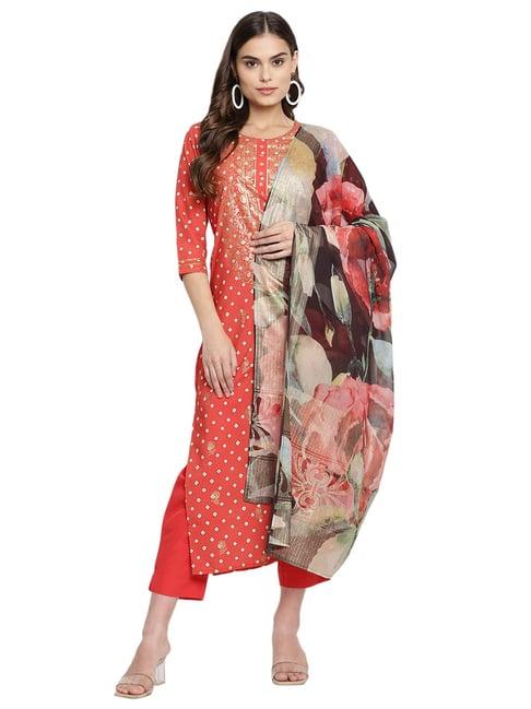 ahalyaa red printed kurta with pant & dupatta