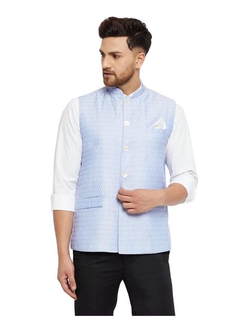 vastramay light blue stretch fit embroidered nehru jacket