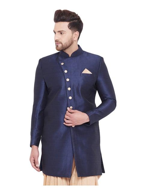 vastramay navy  comfort fit self pattern sherwani