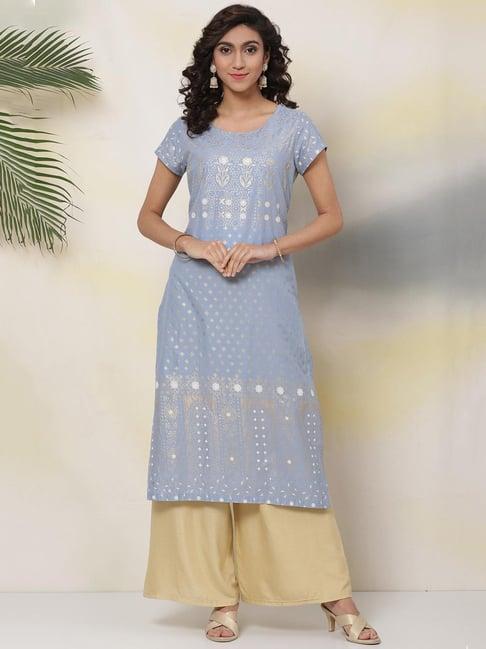 biba pewter blue printed straight kurta