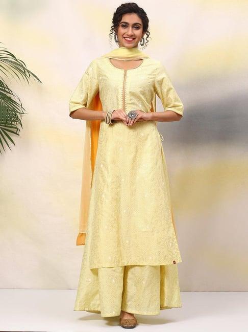 biba yellow printed kurta with sharara & dupatta