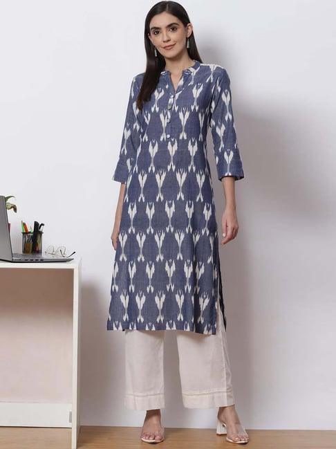 biba blue & white printed kurta palazzo set